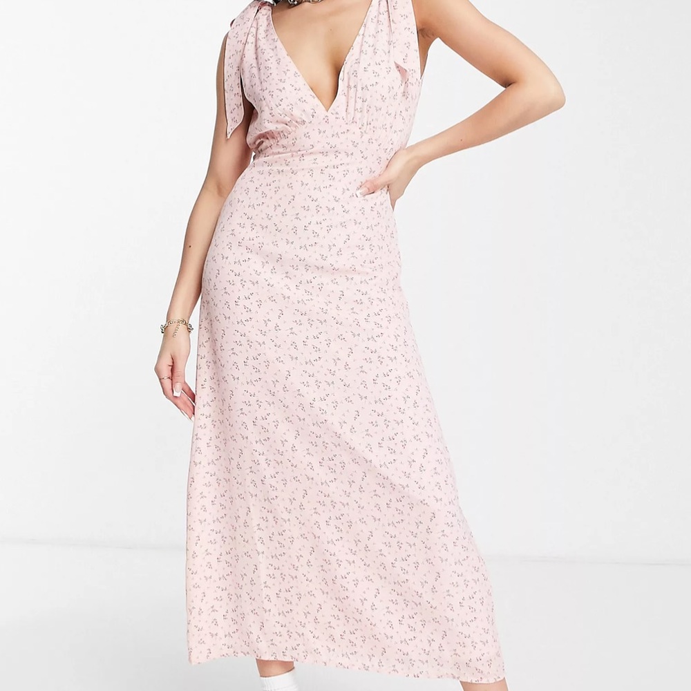 Missguided Floral Midi Dress Deep V Pink Size 14